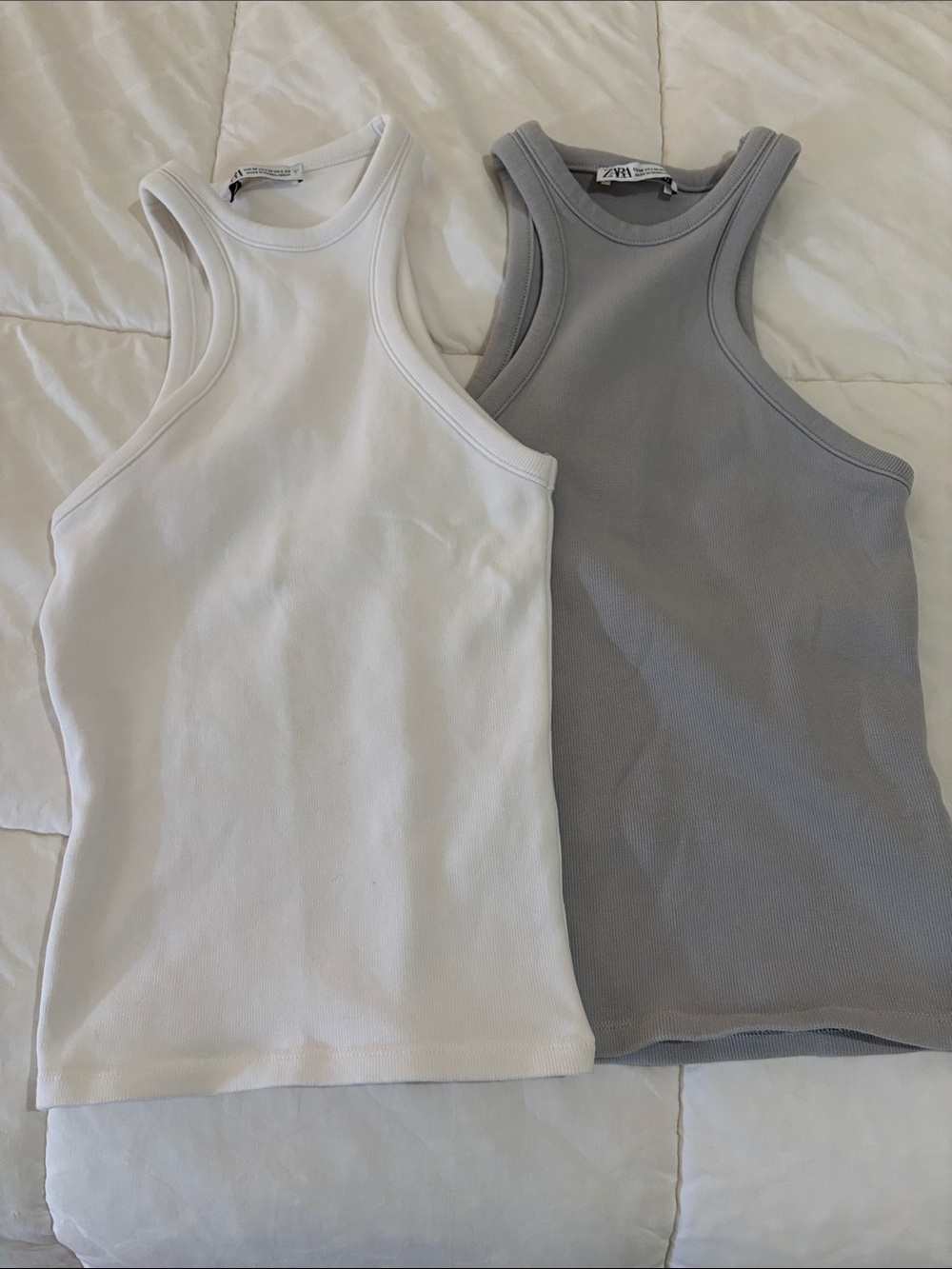 Zara Ribbed Racerback Tanks in White and Light Gray. Fits small.